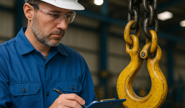 Engineer performing Non-Destructive Testing (NDT) inspection on industrial lifting equipment in a warehouse.