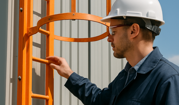Inspector conducting a fixed ladder inspection on an industrial building in Ontario.
