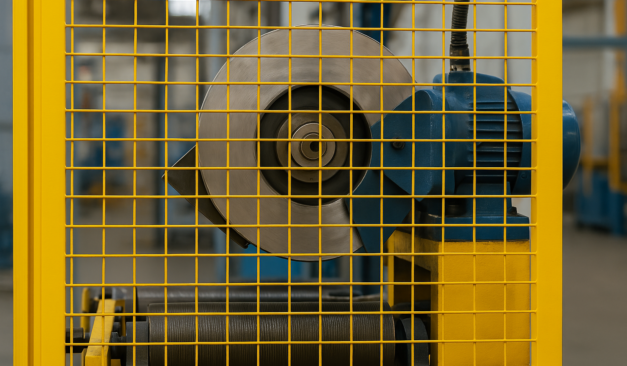 Industrial machine with safety guarding in place to ensure worker protection and compliance.