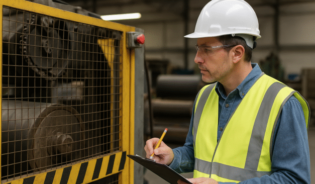 Safety inspector in hard hat and high-visibility vest conducting a Pre-Start Health and Safety Review (PSR) of industrial machine guarding in a factory setting.