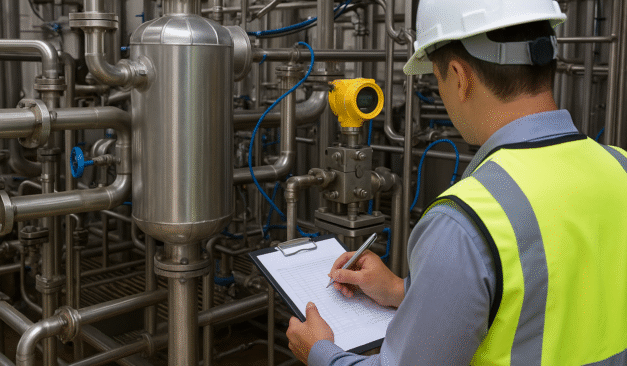 Safety inspector reviewing process equipment with potential flammable hazard risks for compliance.