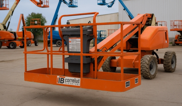 Engineer inspecting multiple MEWPs at an industrial storage yard for CSA B354.6 certification.