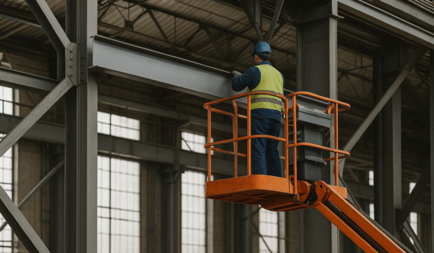 Industrial structural engineering inspection in progress for building modifications