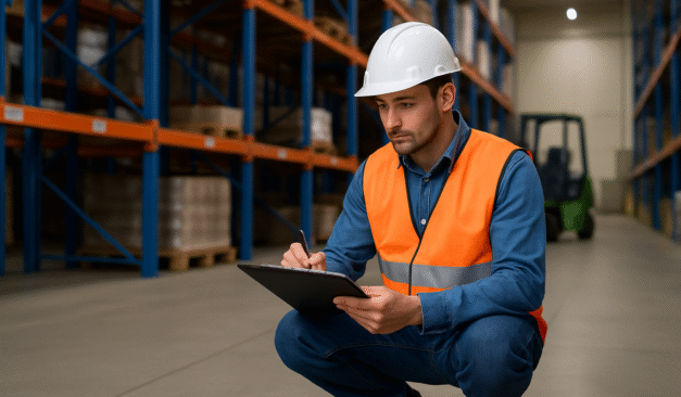 Industrial engineer in a hard hat and safety vest inspecting a warehouse floor with a clipboard