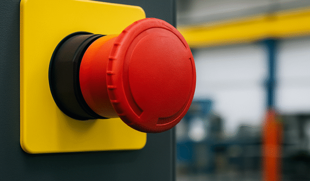 Emergency stop push button with yellow surround on industrial machinery.