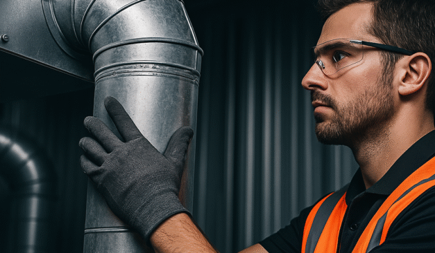 Engineer inspecting ventilation system for flammable vapour control in an industrial facility.