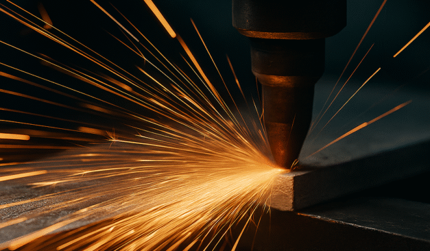 Sparks flying during metal cutting, illustrating the risks of cutting stainless steel and aluminum on the same machine.