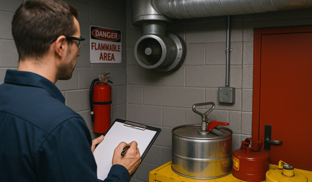 Engineer inspecting a flammable dispensing room for compliance with Ontario Fire Code ventilation, fire rating, and spill control requirements.