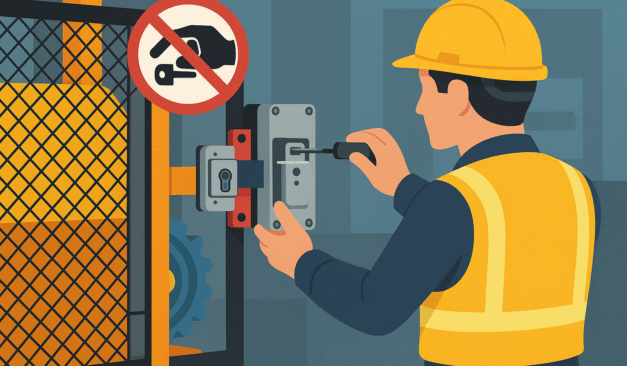 Safety engineer tightening an interlock switch on a machine guard, emphasizing tamper-resistant installation and industrial safety.