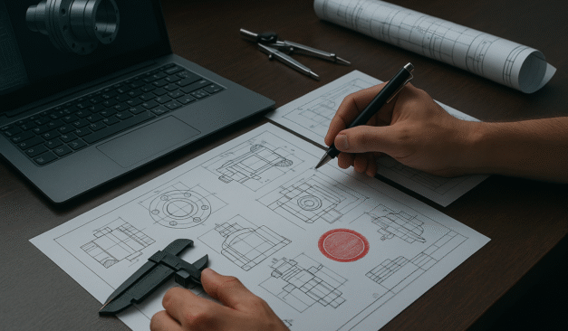 Engineer reviewing mechanical drawings and measurements at a workstation as part of Ontario engineering compliance and sign-and-seal preparation.