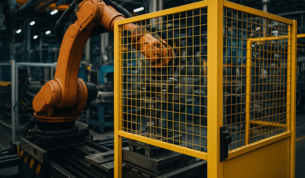 Industrial robotic arm inside a guarded workcell with yellow perimeter fencing in a manufacturing facility.