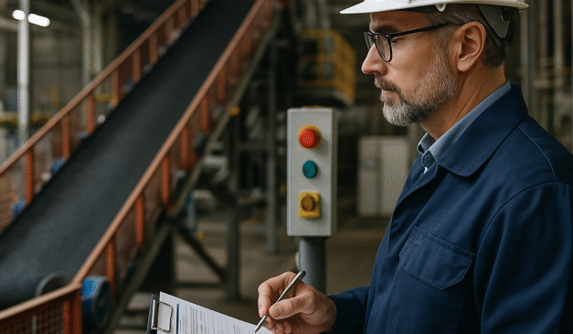 Ontario engineer performing a PSR inspection of industrial machinery with clipboard in a factory setting